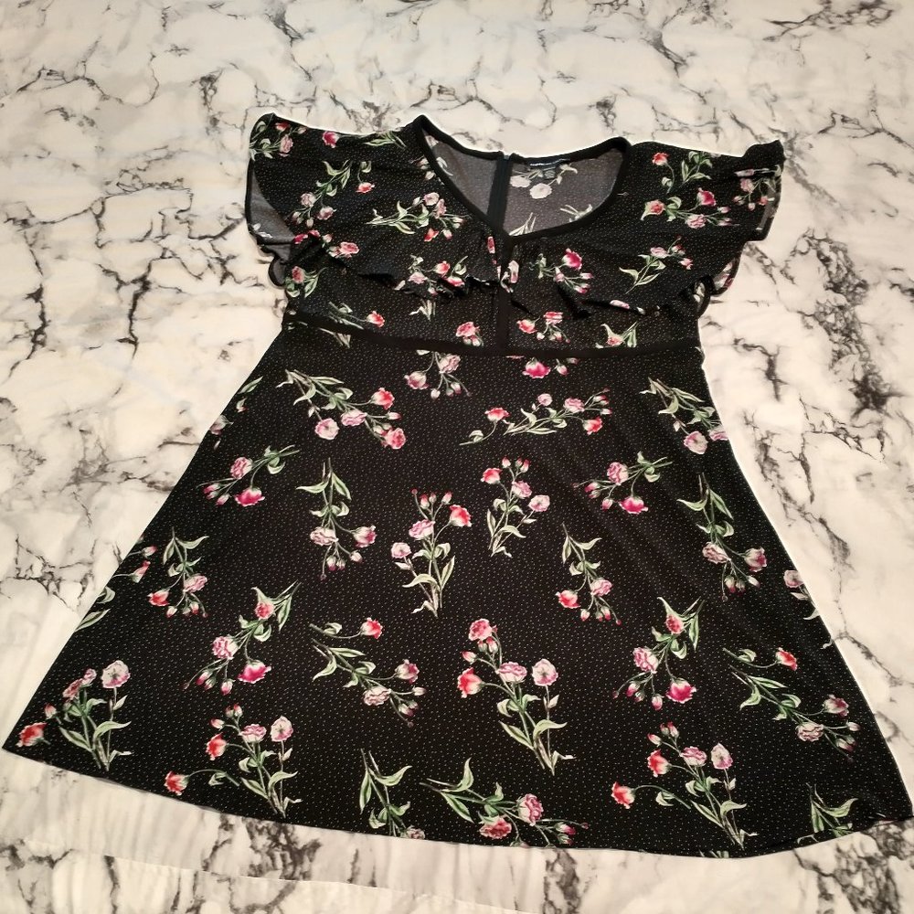 American Living ruffle sleeve black/red/pink floral print summer dress 20W